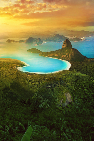 Rio de Janeiro, sunrise, aerial view, forest, coast, landscape, 240x320 wallpaper