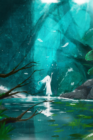 Lake, spirit, anime girl, original, fantasy, 240x320 wallpaper