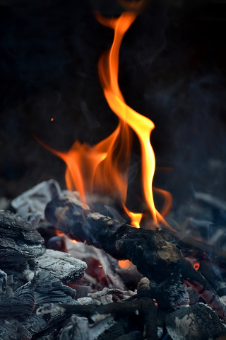 Wood fire, flame, smoke, close up, 240x320 wallpaper