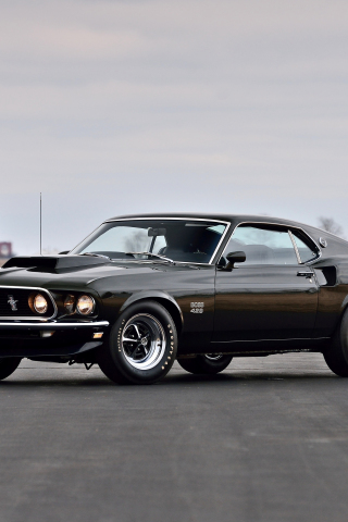 On road, 1969 Ford Mustang Boss 429, black, muscle car, 240x320 wallpaper