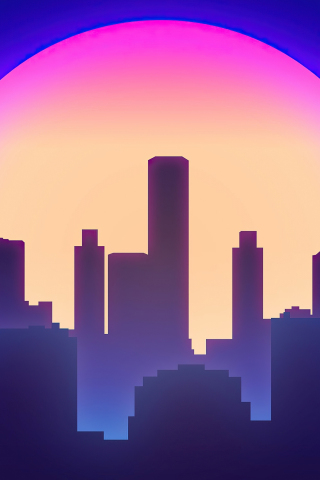 City vibes, synthwave, big moon, silhouette, 240x320 wallpaper