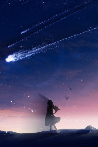 Shooting star, anime girl, silhouette, art, 240x320 wallpaper