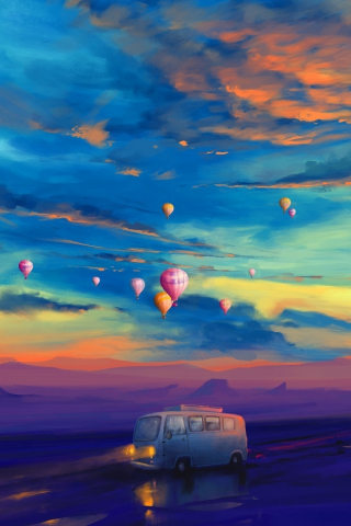 Sunset, outdoor, van and hot air balloons, artwork, 240x320 wallpaper