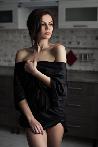 Gorgeous, woman model, black dress, indoor, 240x320 wallpaper