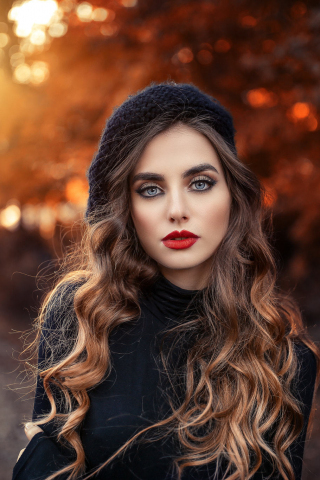 Outdoor, red lips, curly hair, brunette, woman, 240x320 wallpaper
