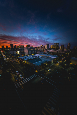 Cityscape, dark, aerial view, sunset, buildings, 240x320 wallpaper