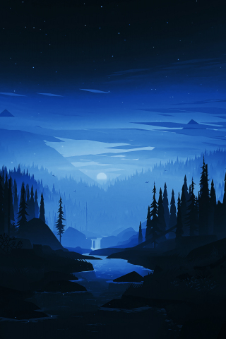 Dark night, river, forest, minimal, art, 240x320 wallpaper