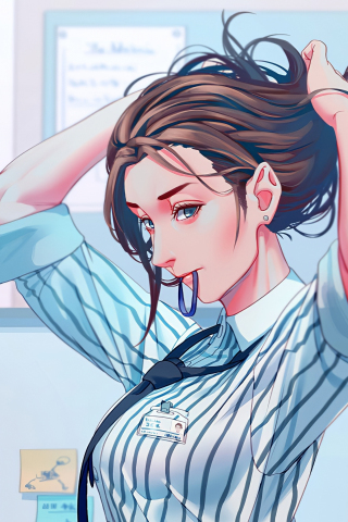 Office, anime girl, adjusting hairs, art, 240x320 wallpaper