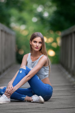 Blue torn jeans, sit, bridge, girl model, 240x320 wallpaper