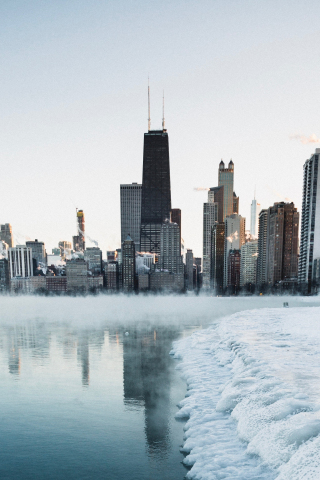 Winter, cityscape, frozen coast, lake, buildings, 240x320 wallpaper