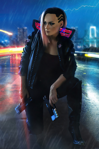 Girl and gun, video game, cyberpunk 2077, 240x320 wallpaper