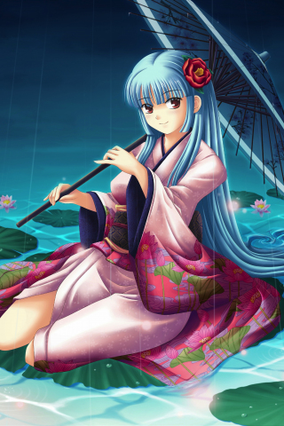 Pond, lake, flowers, anime girl, rain, umbrella, 240x320 wallpaper