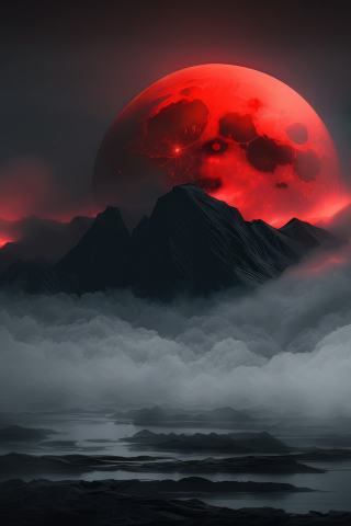 Red moon and dark mountains, art, 240x320 wallpaper