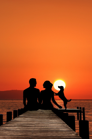 Couple, sunset, pier, silhouette, 240x320 wallpaper