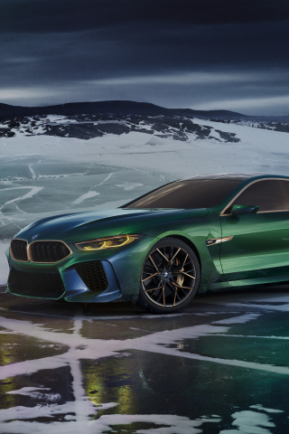 BMW concept M8 Gran coupe, outdoor, green luxury car, 2018, 240x320 wallpaper
