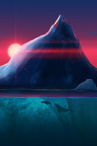 Sunset, iceberg, glacier, fishes, art, 240x320 wallpaper
