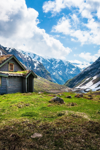 Valley house, wooden cabin, mountains, nature, 240x320 wallpaper