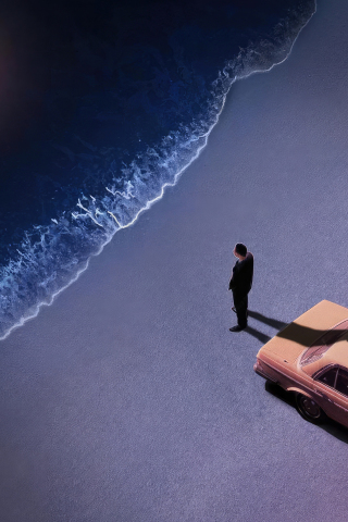Lonely at night at the beach, car and man, art , 320x480 wallpaper