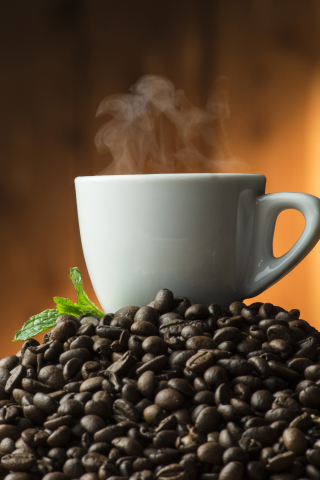 Coffee cup, smoke, beans, 240x320 wallpaper