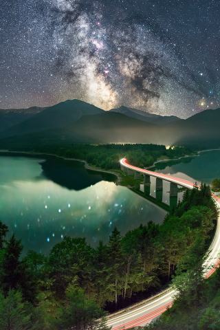 Milky way, road, long exposure, lake, night, 240x320 wallpaper