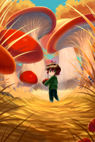 Original, anime, girl in mushrooms jungle, 240x320 wallpaper