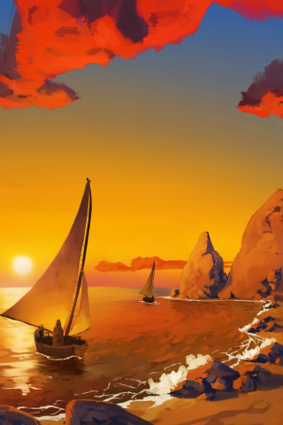Sunset, sail-boats, ships, coast, art, 240x320 wallpaper