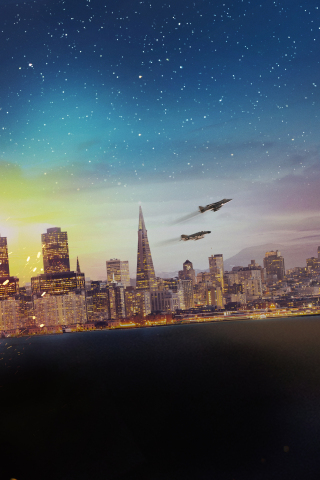 City, buildings, starry sky, aircrafts, 240x320 wallpaper