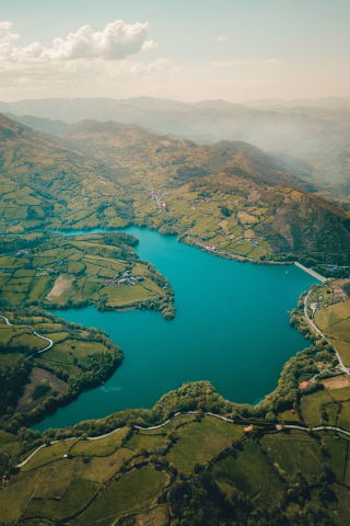 Spain, Alfilorios Reservoir, mountains, aerial view, 240x320 wallpaper