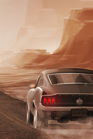 Ford Mustang, long, lone road, artwork, 240x320 wallpaper