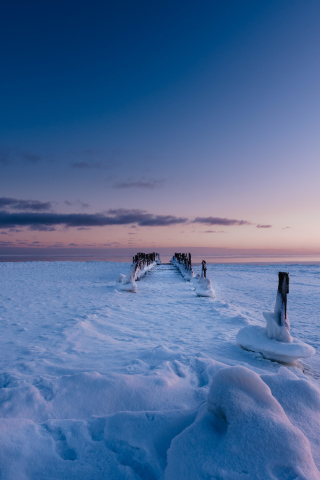 Winter, frozen pier, evening at beach, 240x320 wallpaper