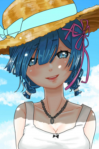 Rem, Re:Zero, anime girl, straw hat, beautiful, cute, 240x320 wallpaper