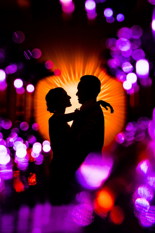 Couple, romantic love, silhouette, bokeh, purple, 240x320 wallpaper