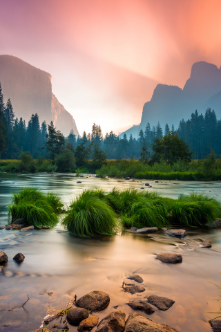 Sunrise, Yosemite National Park, stream, mountains, 240x320 wallpaper