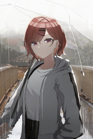 Rain, anime girl, redhead, umbrella, 240x320 wallpaper