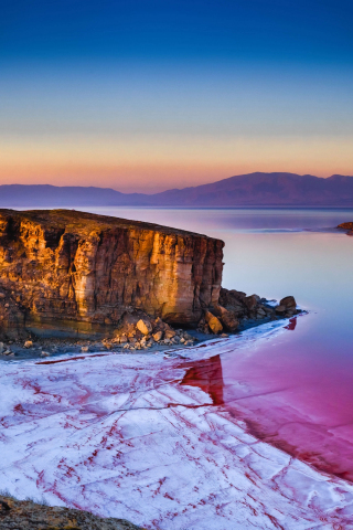 Lake Urmia, aerial view, sunrise, rock cliff, 240x320 wallpaper