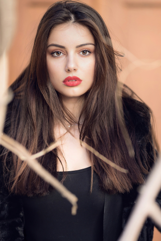 Girl in black jacket, gorgeous, brunette, 240x320 wallpaper