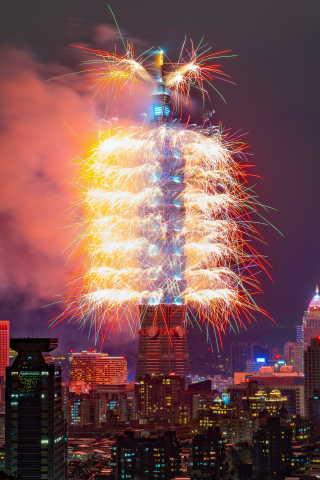Fireworks at building, festival night, city, 240x320 wallpaper