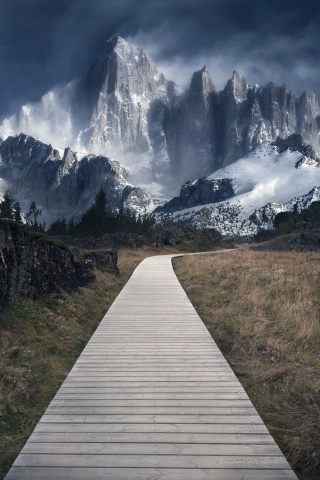 Wooden path, mountains, landscape, 240x320 wallpaper