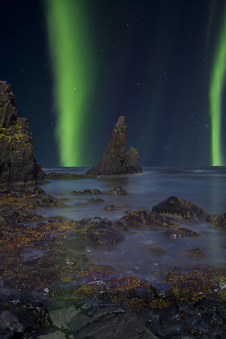 The shore at Trekyllisvik, Iceland, coast, northern lights, 240x320 wallpaper
