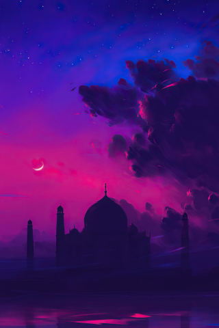 Taj Mahal, silhouette, cloudy sunset, minimal art, 240x320 wallpaper