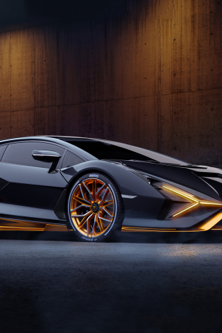 Lamborghini Sián, black and gold color car, 2023, 240x320 wallpaper