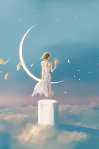 Angel of moon, above the sky, fantasy, 240x320 wallpaper