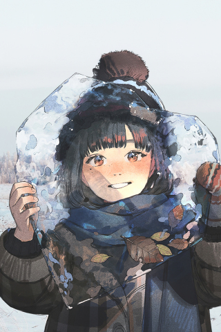 Original, cute anime girl, heart shape ice piece, winter, 240x320 wallpaper
