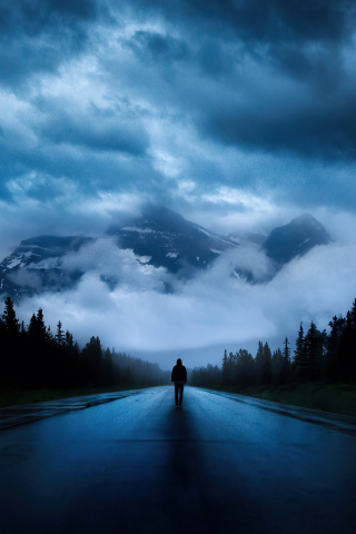 Walking alone, road, mountains, silhouette, dark, 240x320 wallpaper