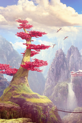 Blossom, red tree, hills, fantasy, art, 240x320 wallpaper