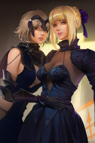 Jeanne and saber, fate, anime girls, artwork, 240x320 wallpaper