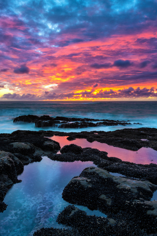 Sunset, rocky beach, clouds, nature, 240x320 wallpaper