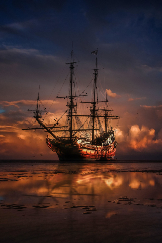 Sail ship, sunset, seashore, sea, 240x320 wallpaper