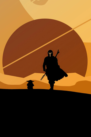 2020, The Mandalorian and Yoda, minimal, silhouette, artwork, 240x320 wallpaper