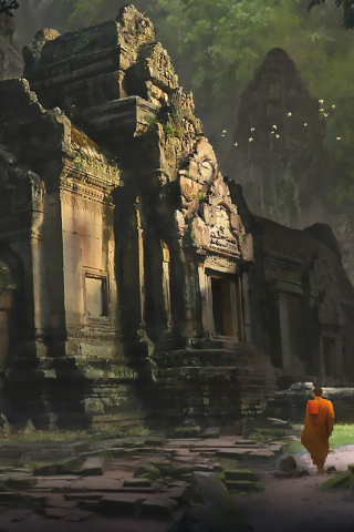 Monk, temple, old castle, outdoor, peace, forest, fantasy, art, 240x320 wallpaper